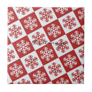 Red/white check snowflake pattern Thunder_Cove Ceramic Tile
