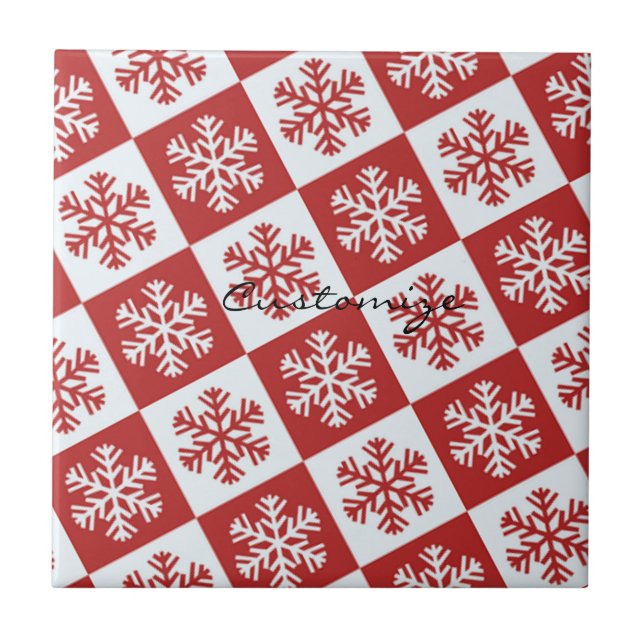 Red/white check snowflake pattern Thunder_Cove Ceramic Tile (Front)