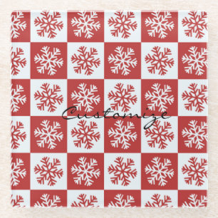 Red/white check snowflake pattern Thunder_Cove Glass Coaster