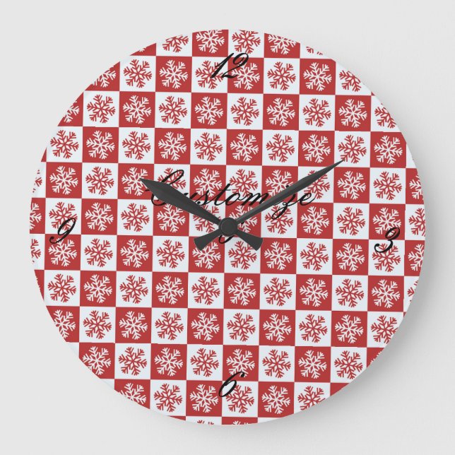 Red/white check snowflake pattern Thunder_Cove Large Clock (Front)