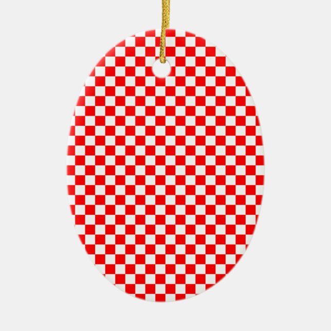 Red & White Checked Pattern Ceramic Ornament (Front)