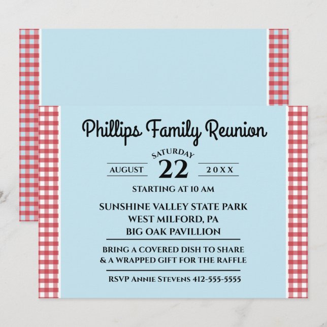 Red & White Checked Tablecloth Blue Family Reunion Invitation (Front/Back)