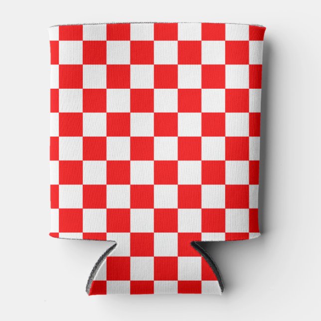 Red White Chequered Check Pattern Can Cooler (Front)