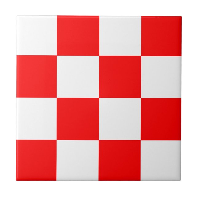 Red White Chequered Check Pattern Ceramic Tile (Front)