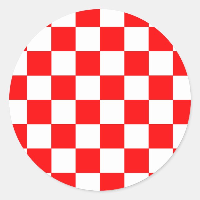Red White Chequered Check Pattern Classic Round Sticker (Front)