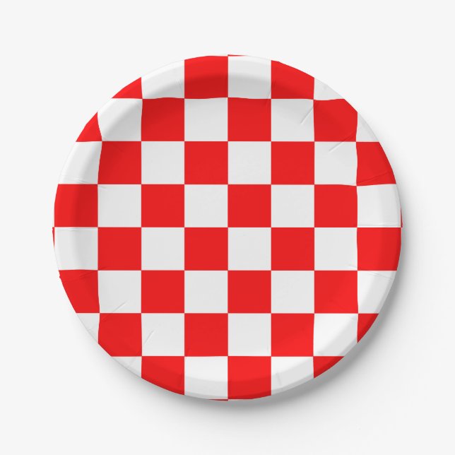 Red White Chequered Check Pattern Paper Plate (Front)