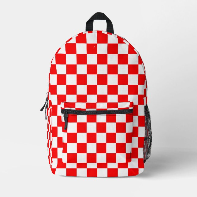 Red White Chequered Check Pattern Printed Backpack (Front)