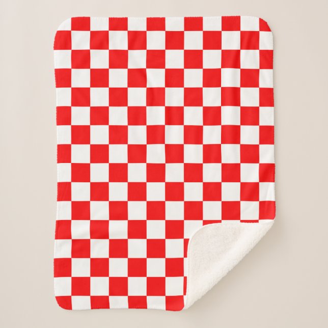 Red White Chequered Check Pattern Sherpa Blanket (Front)