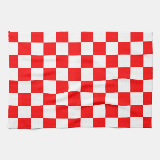 Red White Chequered Check Pattern Tea Towel (Horizontal)
