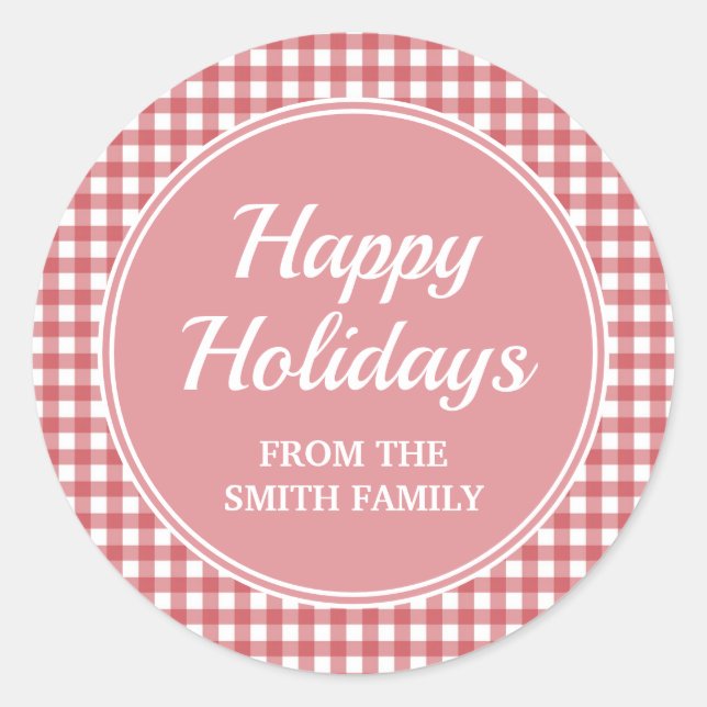 Red White Chequered Gingham Pink Happy Holidays Classic Round Sticker (Front)