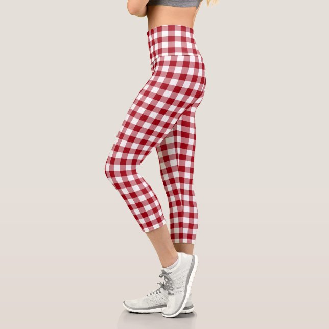 Red White Chequered Gingham Plaid Pattern Capri Leggings (Left)