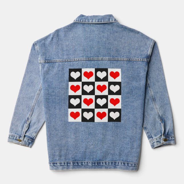 Red White Chequered Hearts Denim Jacket (Back)