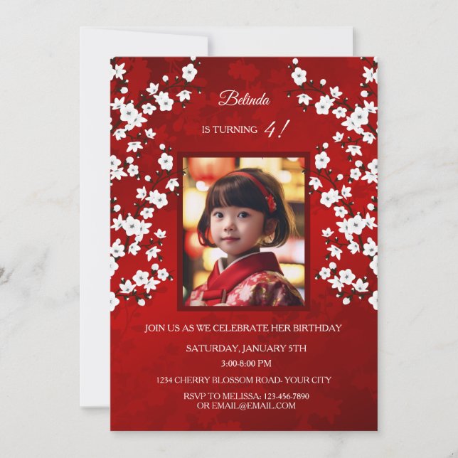 Red White Cherry Blossom | Photo Girl's Birthday Invitation (Front)
