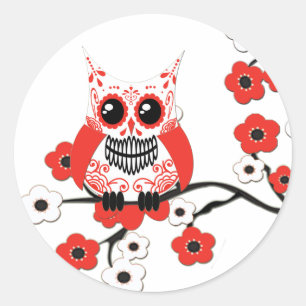 Red White Cherry Blossoms Owl Sticker