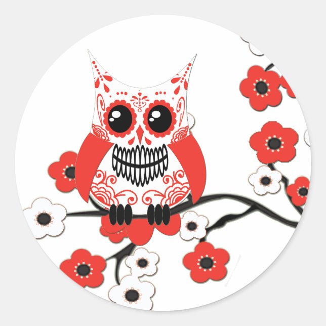 Red White Cherry Blossoms Owl Sticker (Front)