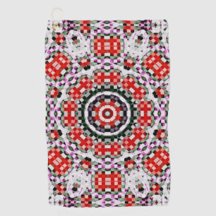 Red & white chess or pixel kaleidoscope circular   golf towel