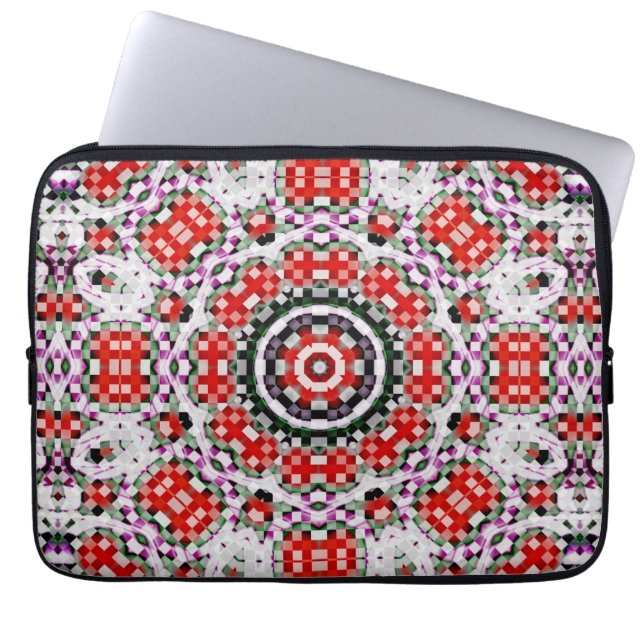 Red & white chess or pixel kaleidoscope circular   laptop sleeve (Front)