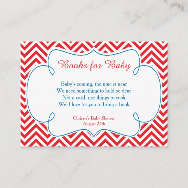 Red & White Chevron Baseball Baby Book Request Enclosure Card (Front)