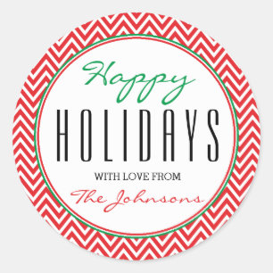 Red & White Chevron "Happy Holidays" Xmas Classic Round Sticker