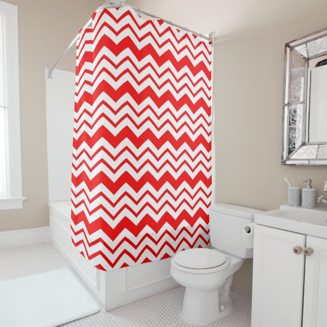 Red White Chevron Zigzag Pattern Design  Shower Curtain (In Situ)
