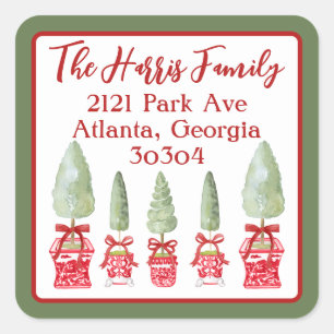 Red & White Chinoiserie Topiary Return Address Square Sticker