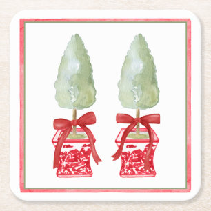 Red & White Chinoiserie Topiary Square Paper Coaster