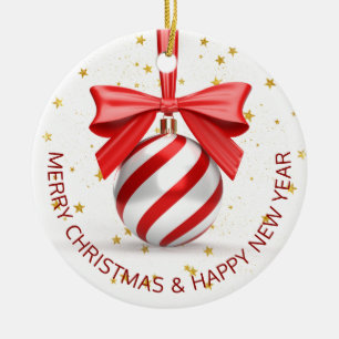 Red White Christmas Bauble Holiday Ceramic Ornament