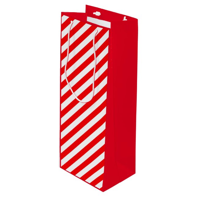 RED WHITE CHRISTMAS CANDY CANE STYLE WINE GIFT BAG (Front Angled)