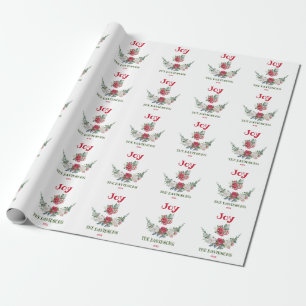 Red White Christmas Floral Joy Holidays Monogram Wrapping Paper