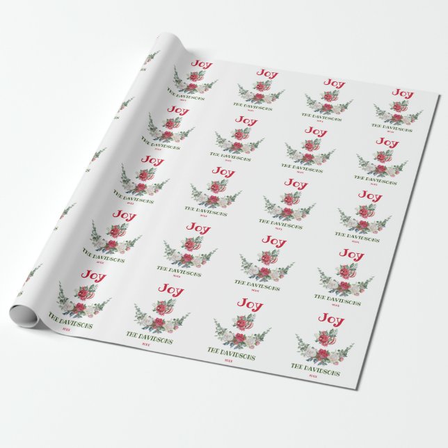 Red White Christmas Floral Joy Holidays Monogram Wrapping Paper (Unrolled)