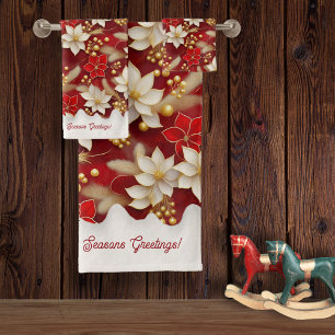Red White Christmas Floral Pattern#17 ID1009 Bath Towel Set