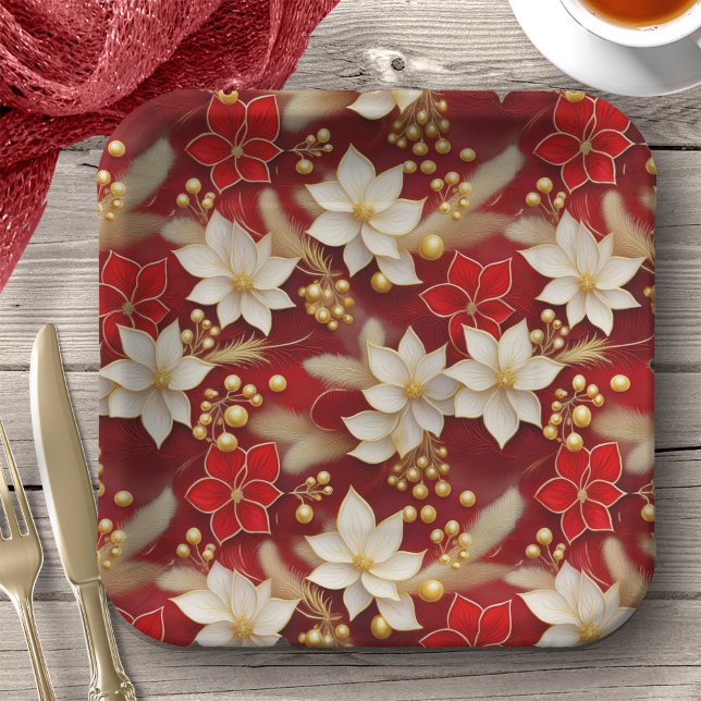 Red White Christmas Floral Pattern#17 ID1009 Paper Plate (Creator Uploaded)