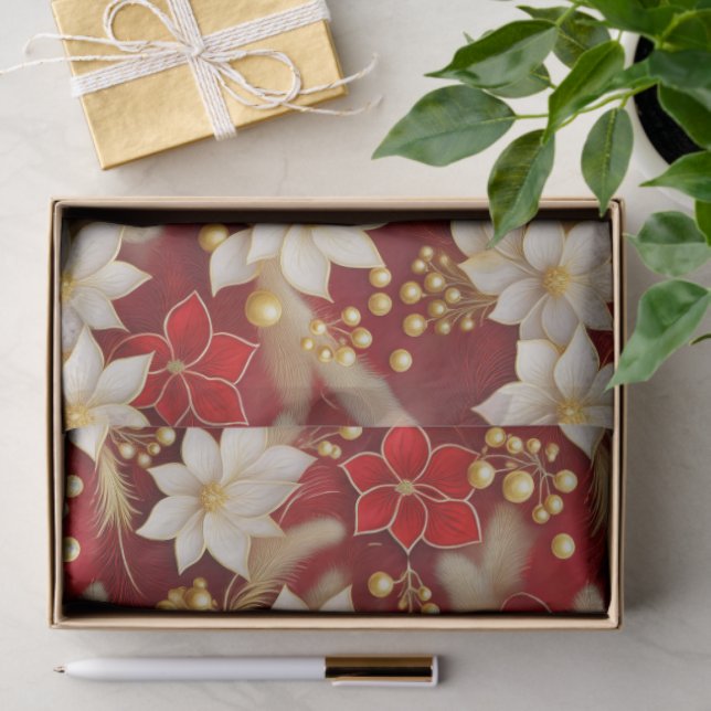 Red White Christmas Floral Pattern#17 ID1009 Tissue Paper (Gift)