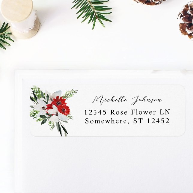 Red & White Christmas Floral Return Address Label (Creator Uploaded)