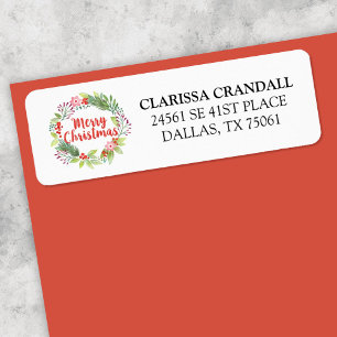Red White Christmas Floral Wreath Return Address Label