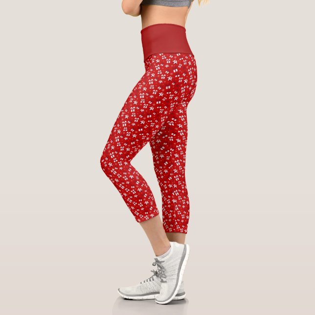 Red & White Christmas Gift Boxes Pattern High Capri Leggings (Left)