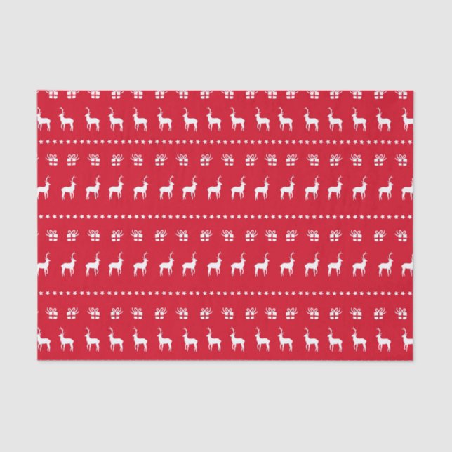 Red White Christmas Holiday Reindeer & Gifts Tissue Paper (Front)