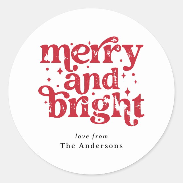 Red & White Christmas Merry & Bright Personalised Classic Round Sticker (Front)
