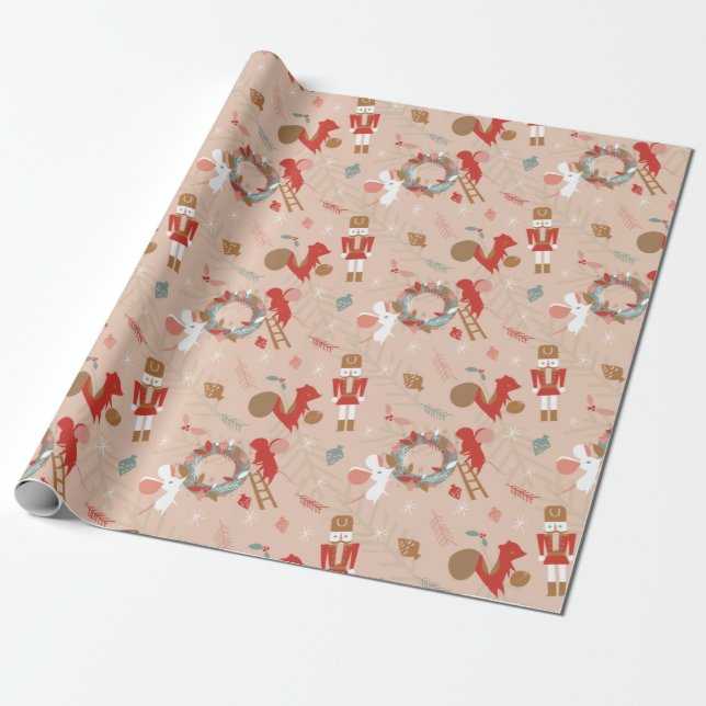 Red White Christmas Nutcracker Squirrel Mouse Wrapping Paper (Unrolled)