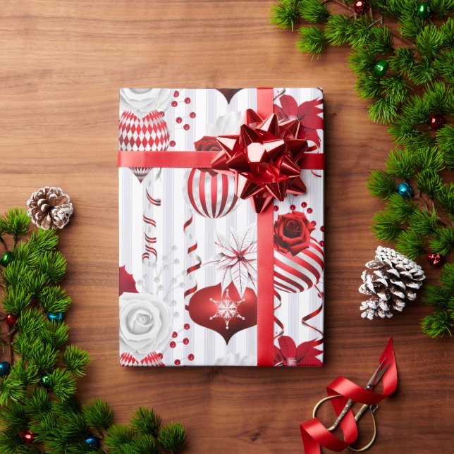Red & White Christmas Ornaments Holiday Wrapping Paper (Holiday Gift)