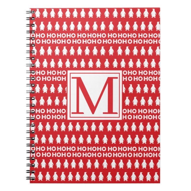 Red White Christmas Penguins HOHOHO Monogram Notebook (Front)