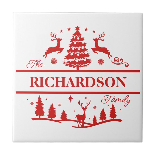 Red White Christmas Personalised Family Name Ceramic Tile (Front)