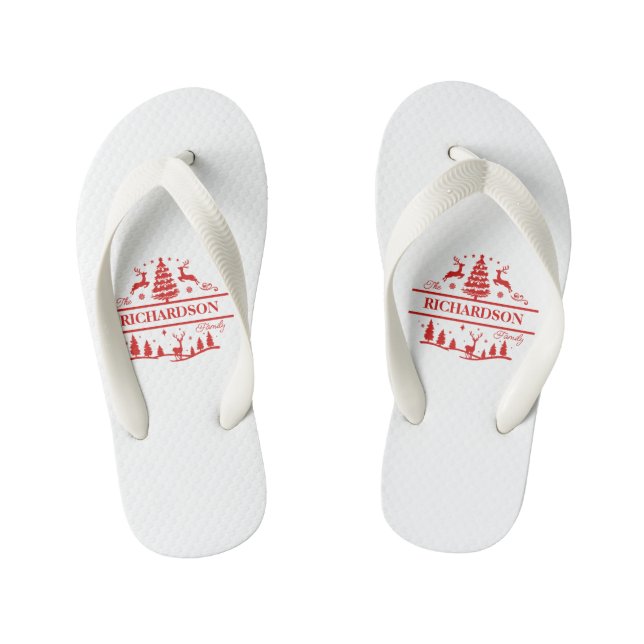 Red White Christmas Personalised Family Name Kid's Thongs (Footbed)
