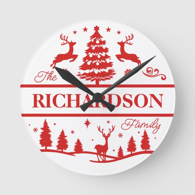Red White Christmas Personalised Family Name Round Clock (Front)