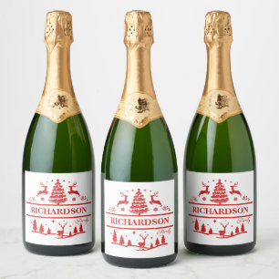Red White Christmas Personalised Family Name Sparkling Wine Label