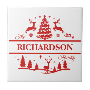Red White Christmas Personalized Family Name Ceramic Tile