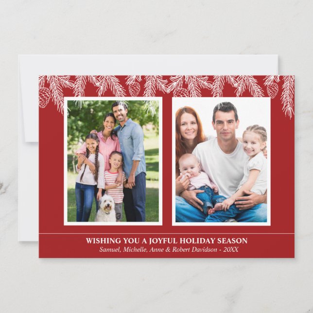Red White Christmas Pine Snowflakes Family Photo Holiday Card (Front)