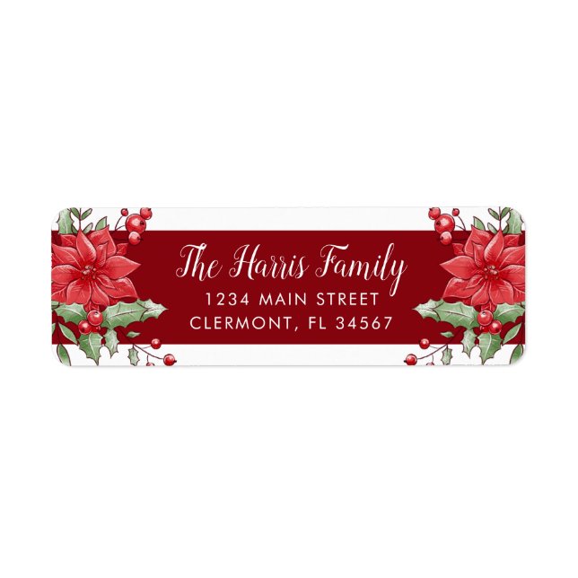 Red White Christmas Poinsettia Holly Berry Return Address Label (Front)