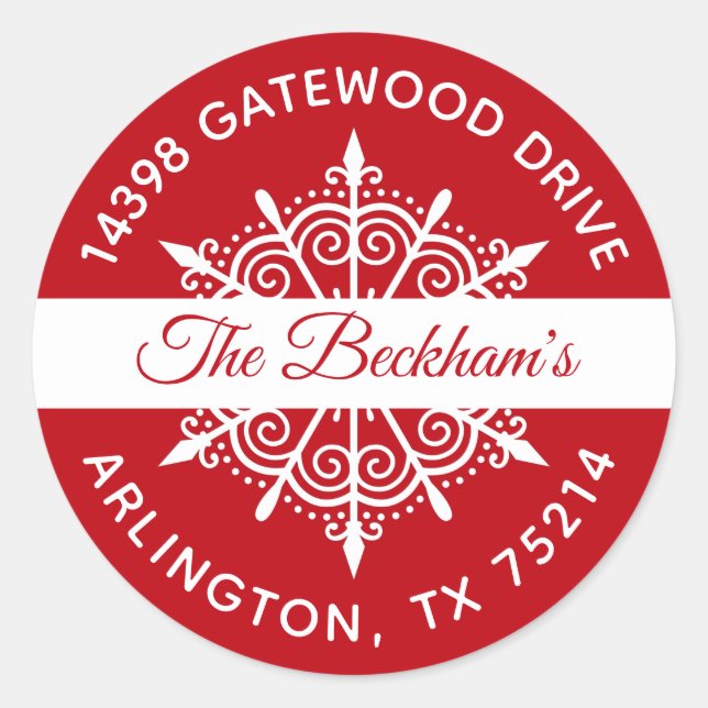 Red White Christmas Snowflake Return Address Classic Round Sticker (Front)