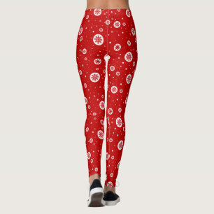 Red & White Christmas Snowflakes and Snow Pattern Leggings